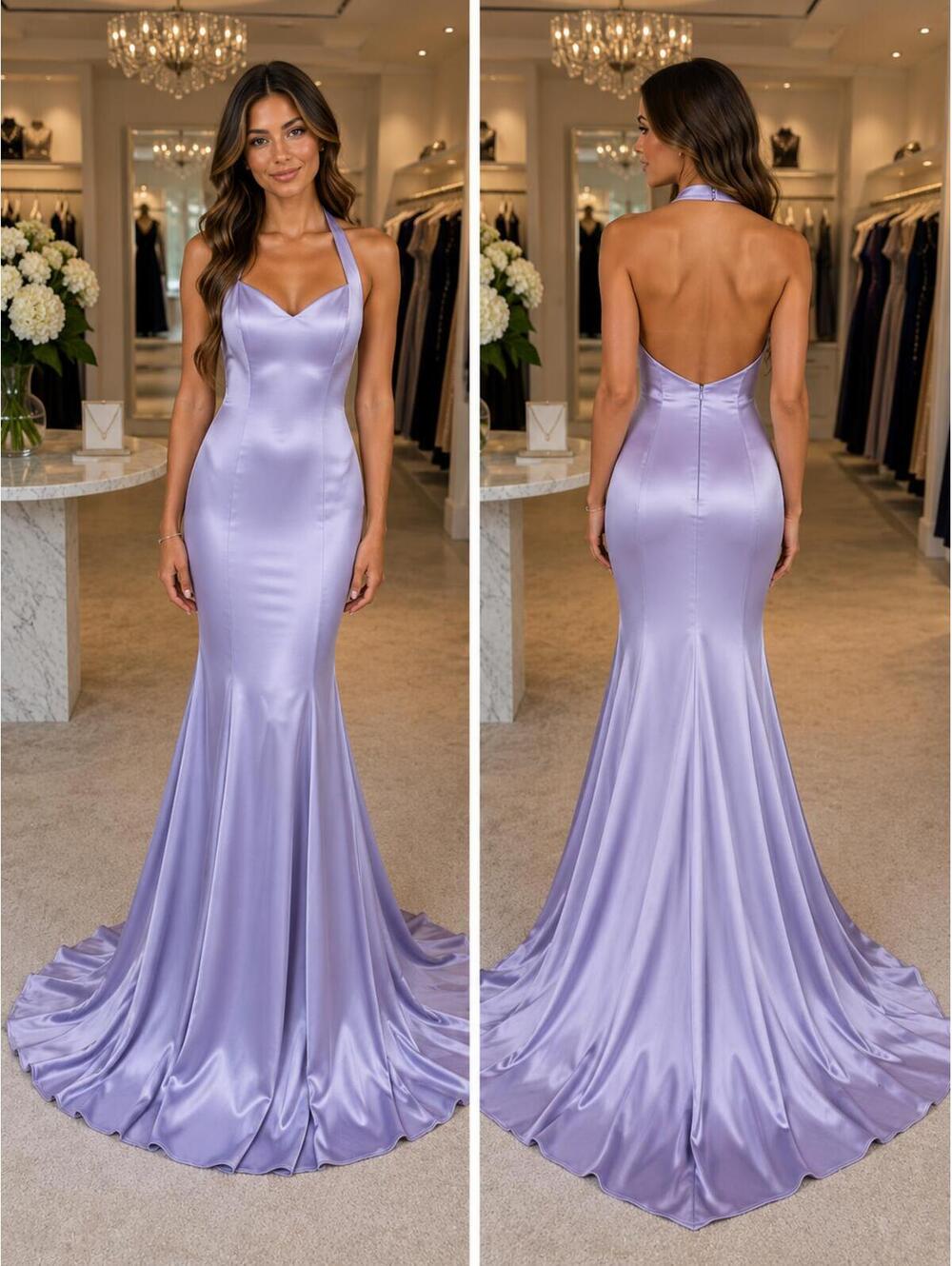 Colette by Mon Cheri Lilac Heather Satin Mermaid Gown Sz 6 Halter Formal Prom